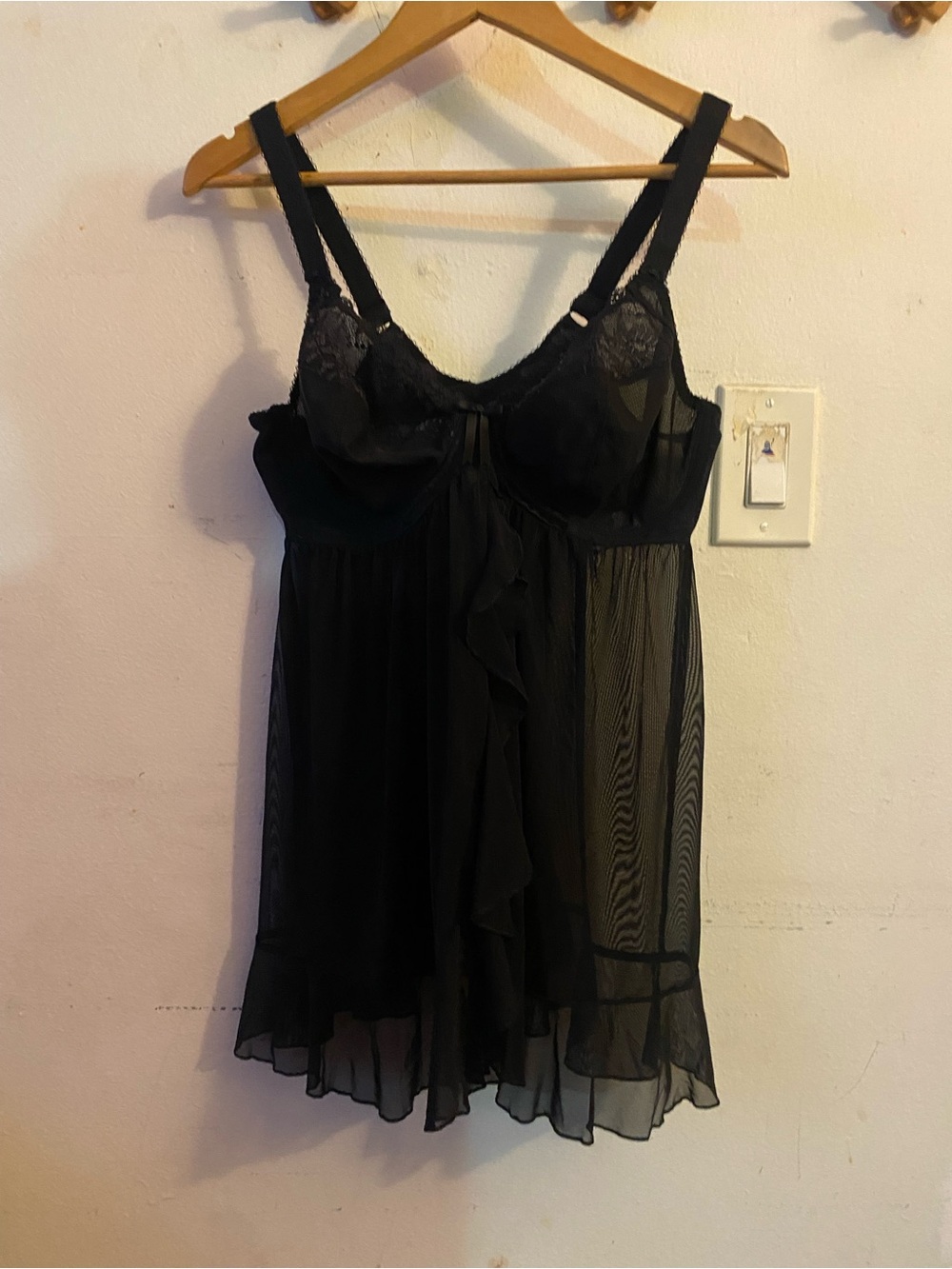 Elomi Black Sheer Lace Babydoll Chemise with Ruffle Front
